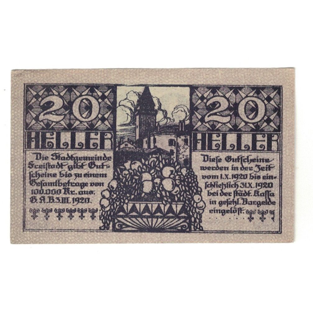 Geldschein, Österreich, Freistadt O.Ö. Stadtgemeinde, 20 Heller, château