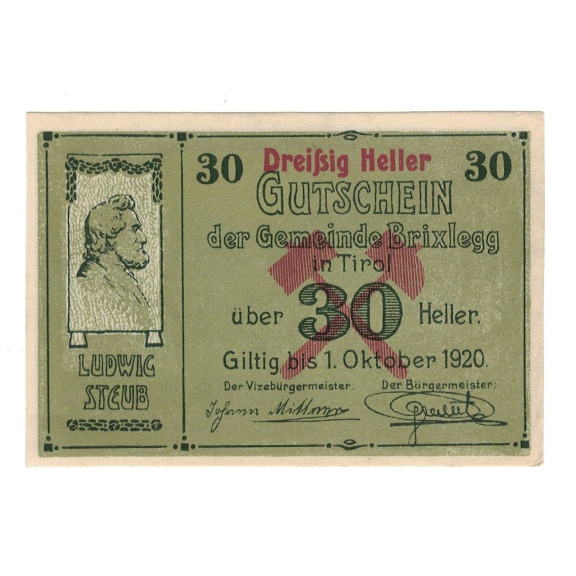 Geldschein, Österreich, Brixlegg Tirol Gemeinde, 30 Heller, paysage, 1920