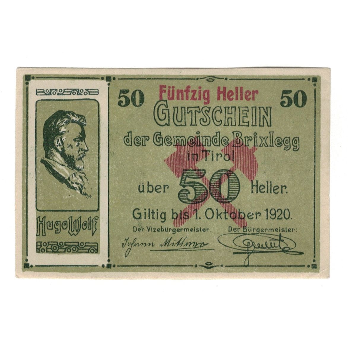 Geldschein, Österreich, Brixlegg Tirol Gemeinde, 50 Heller, paysage, 1920