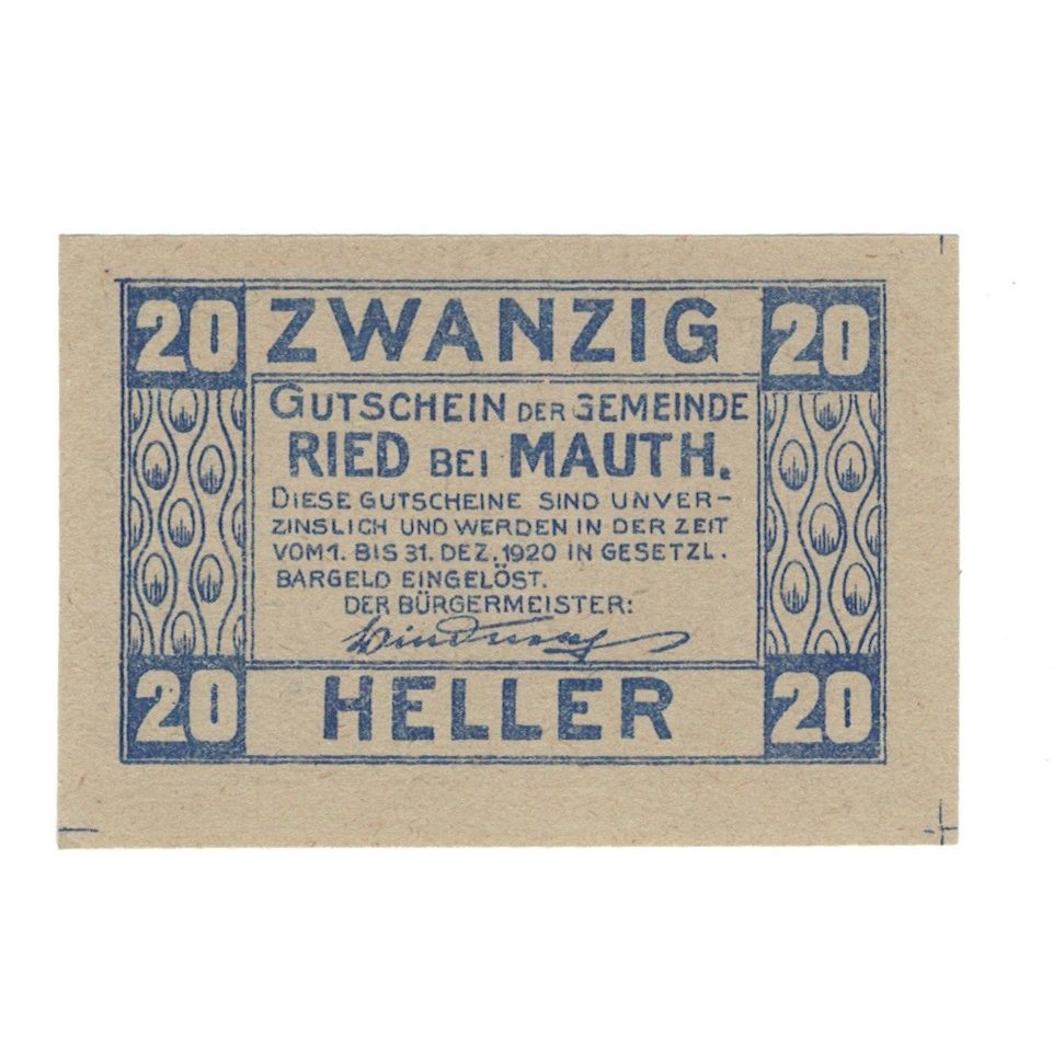 Banknote, Austria, Ried bei Mauthausen O.Ö. Gemeinde, 20 Heller, Eglise, 1920