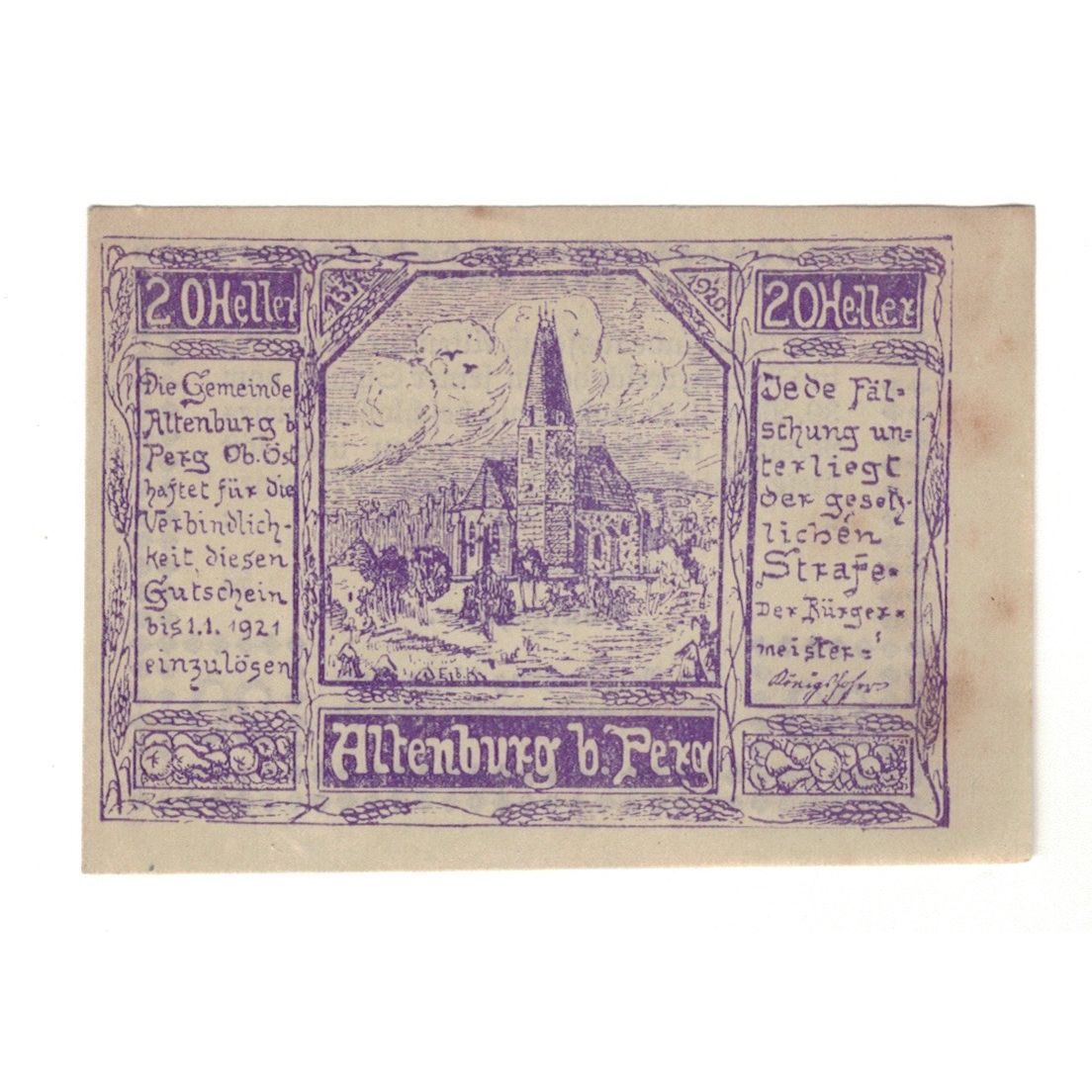 Geldschein, Österreich, Altenburg O.Ö. Gemeinde, 20 Heller, Texte, 1920