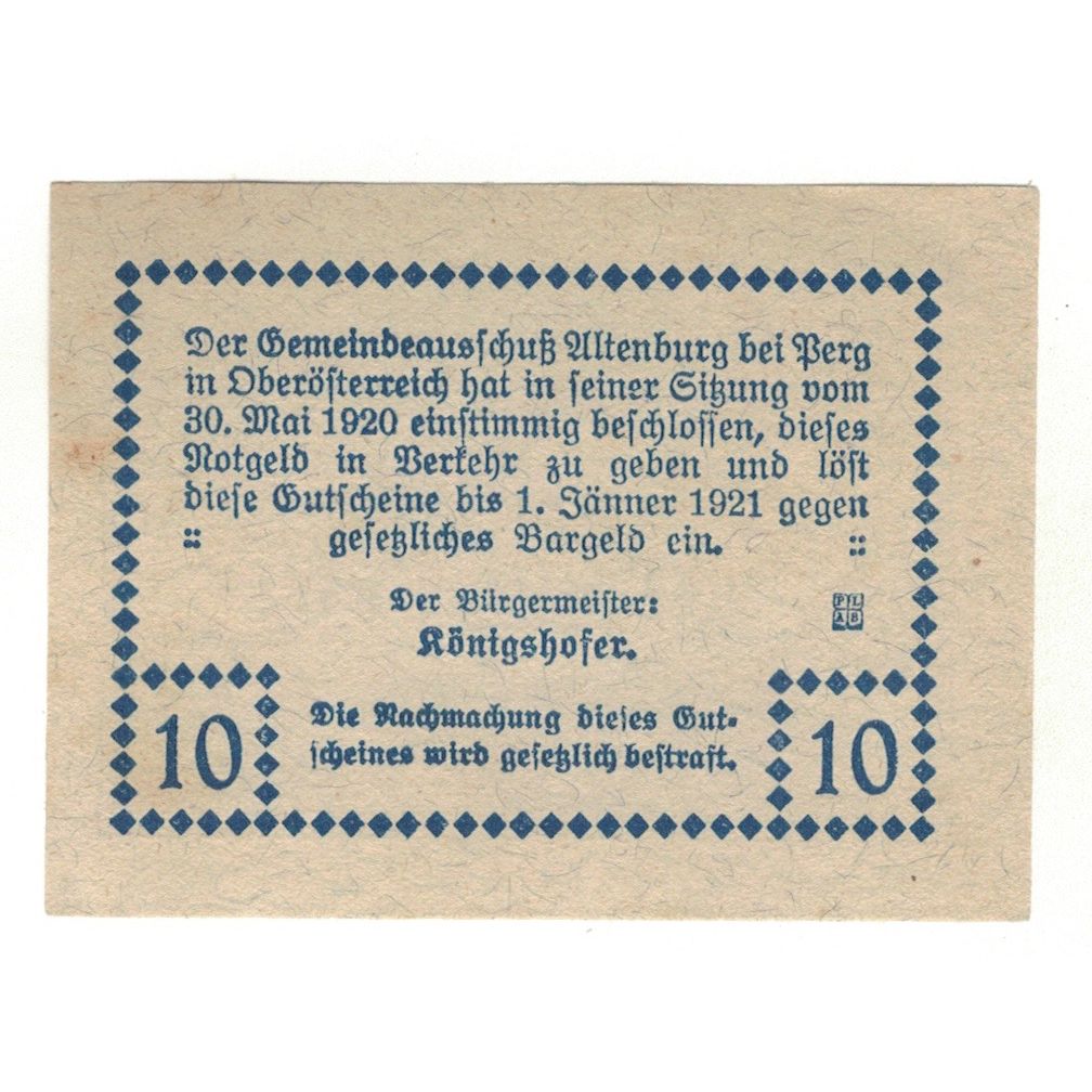 Geldschein, Österreich, Altenburg O.Ö. Gemeinde, 10 Heller, Texte, 1920