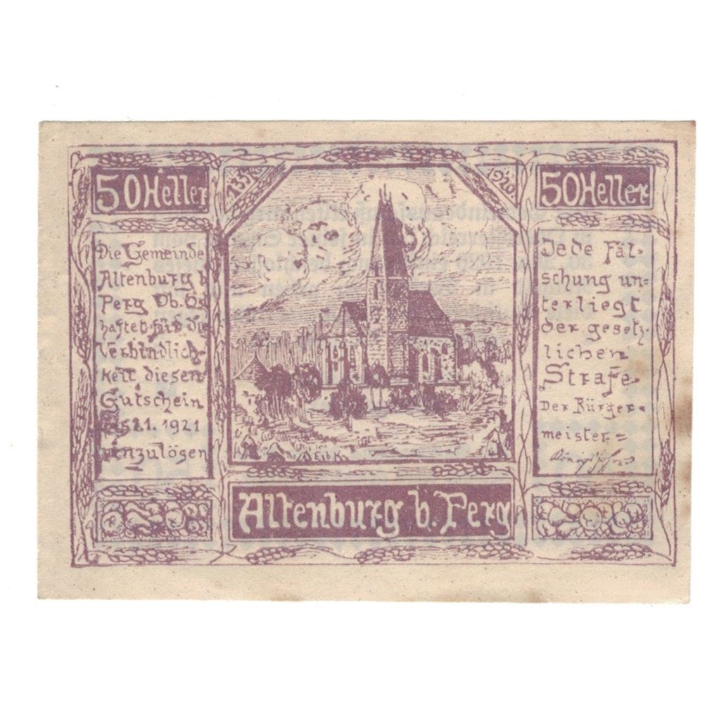 Geldschein, Österreich, Altenburg O.Ö. Gemeinde, 50 Heller, Texte, 1920