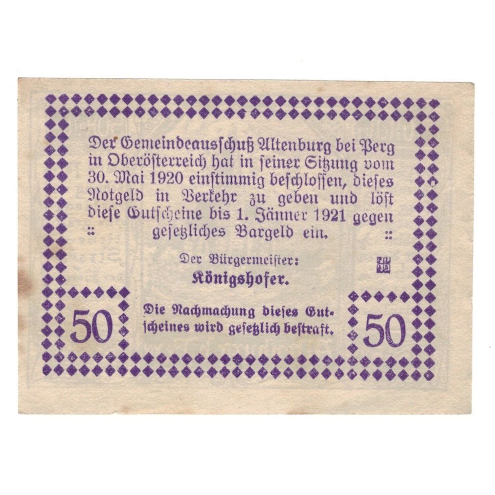 Geldschein, Österreich, Altenburg O.Ö. Gemeinde, 50 Heller, Texte, 1920