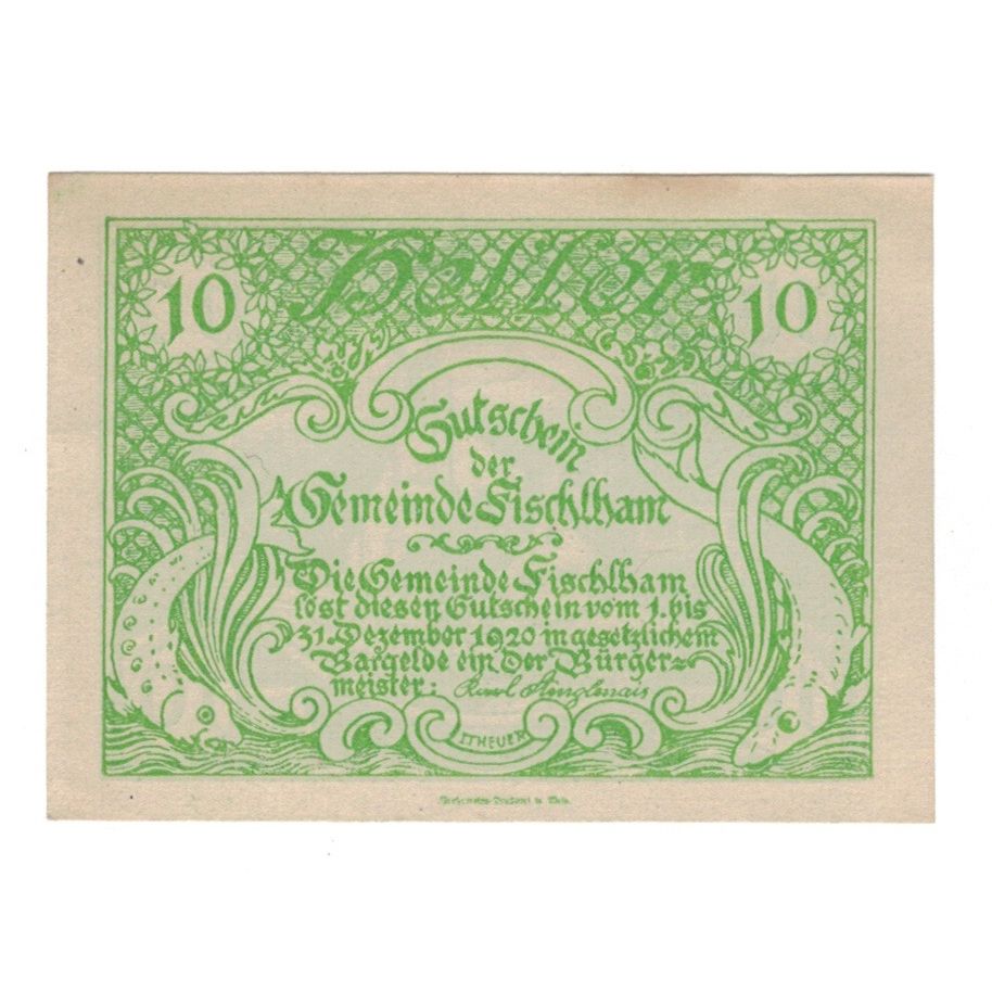 Geldschein, Österreich, Fischlham O.Ö. Gemeinde, 10 Heller, village, 1920