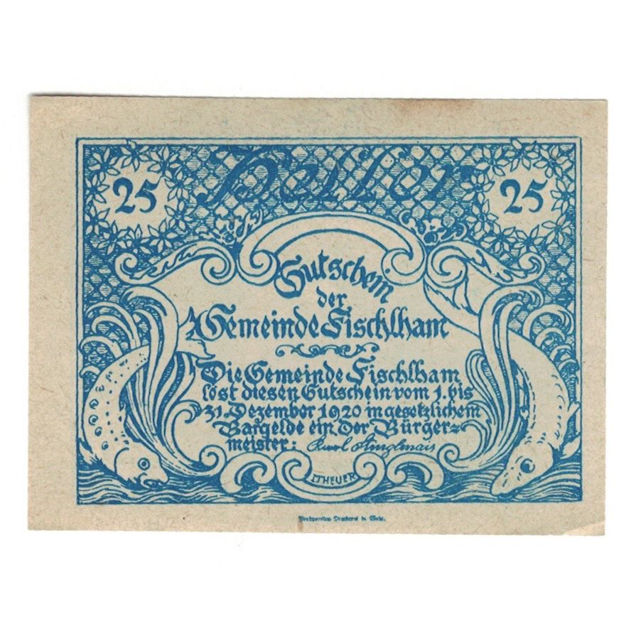 Geldschein, Österreich, Fischlham O.Ö. Gemeinde, 25 Heller, village, 1920