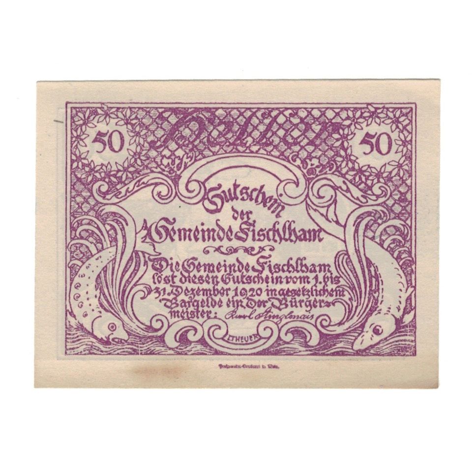 Geldschein, Österreich, Fischlham O.Ö. Gemeinde, 50 Heller, village, 1920