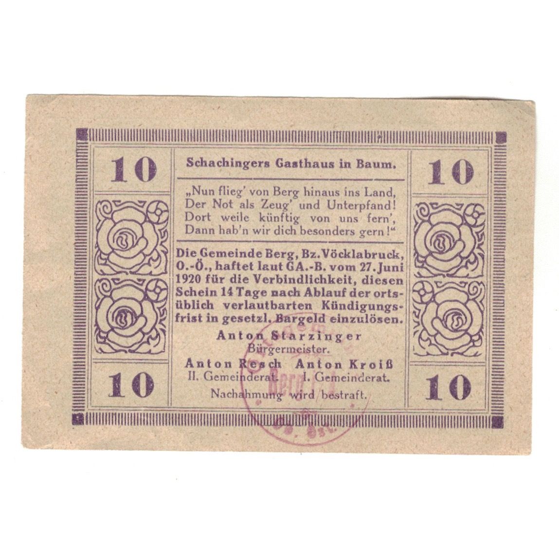 Geldschein, Österreich, 10 Heller, Texte, 1920, 1920-06-27, VZ, Mehl:FS 81