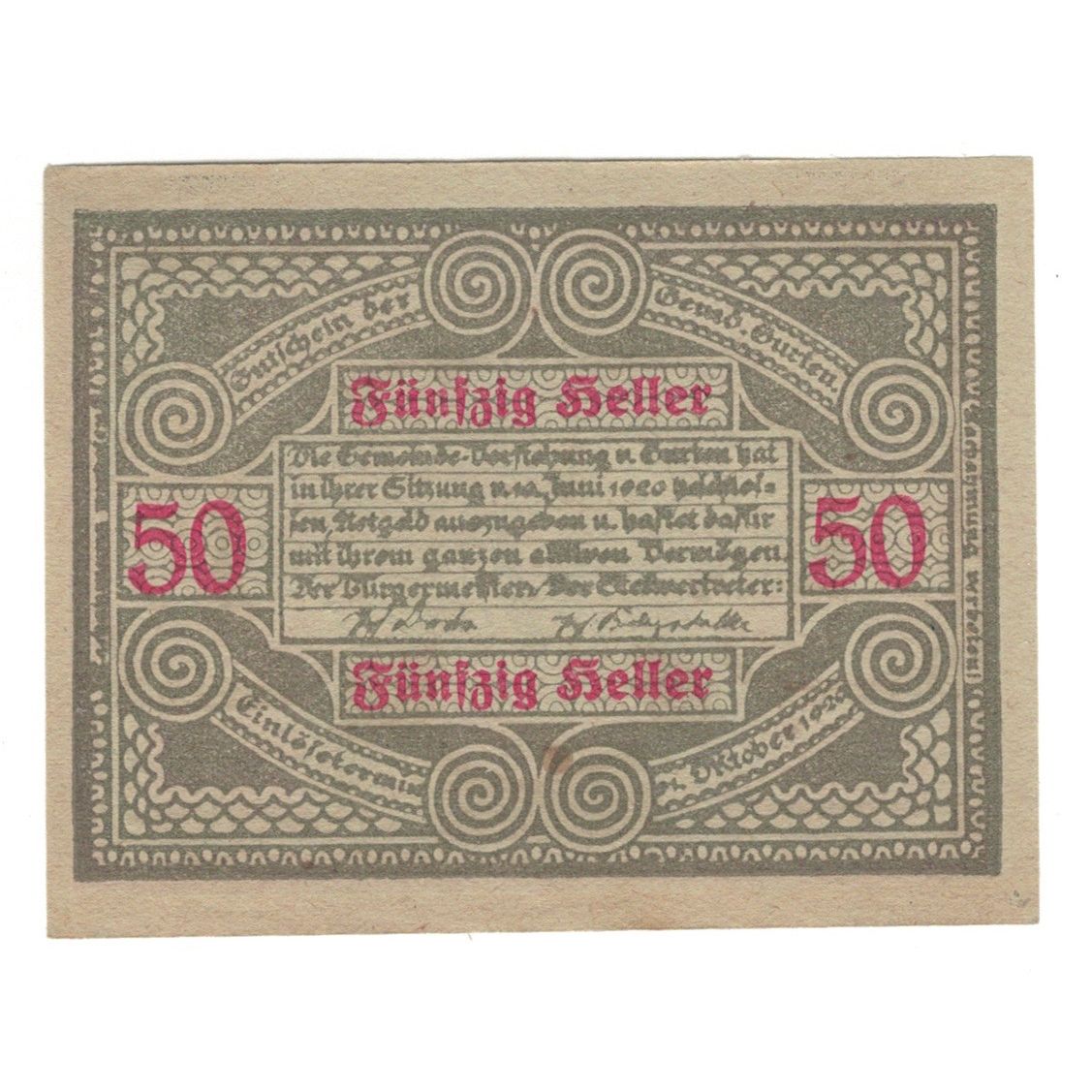 Geldschein, Österreich, Gurten O.Ö. Gemeinde, 50 Heller, Texte, 1920