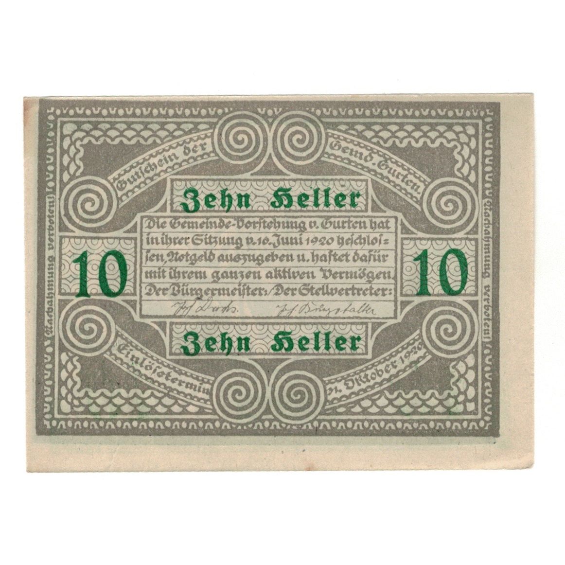 Geldschein, Österreich, Gurten O.Ö. Gemeinde, 10 Heller, Texte, 1920