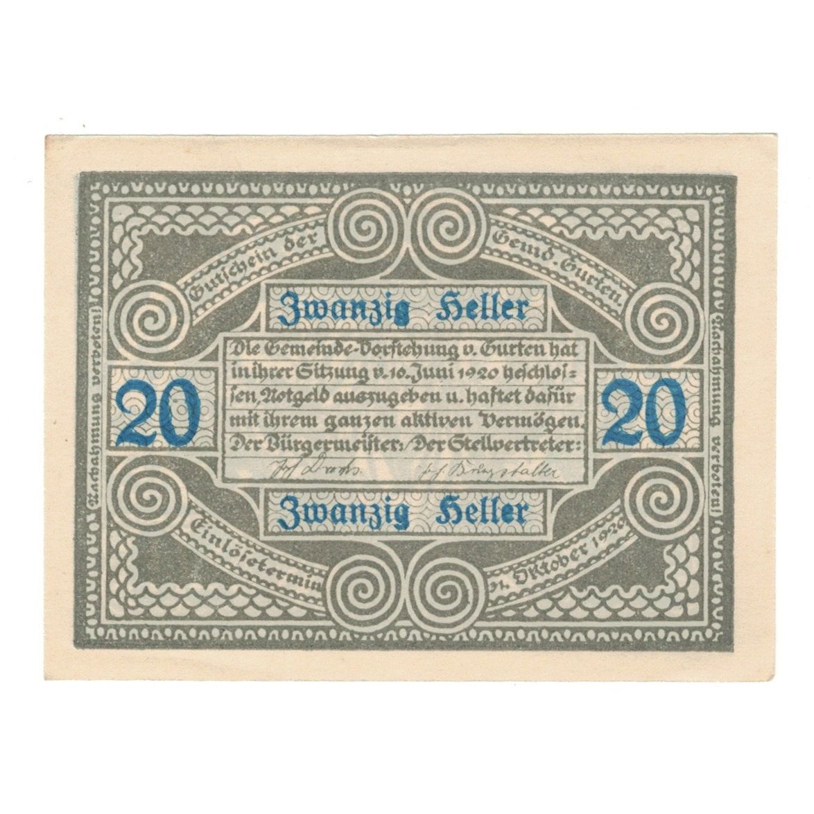 Geldschein, Österreich, Gurten O.Ö. Gemeinde, 20 Heller, Texte, 1920