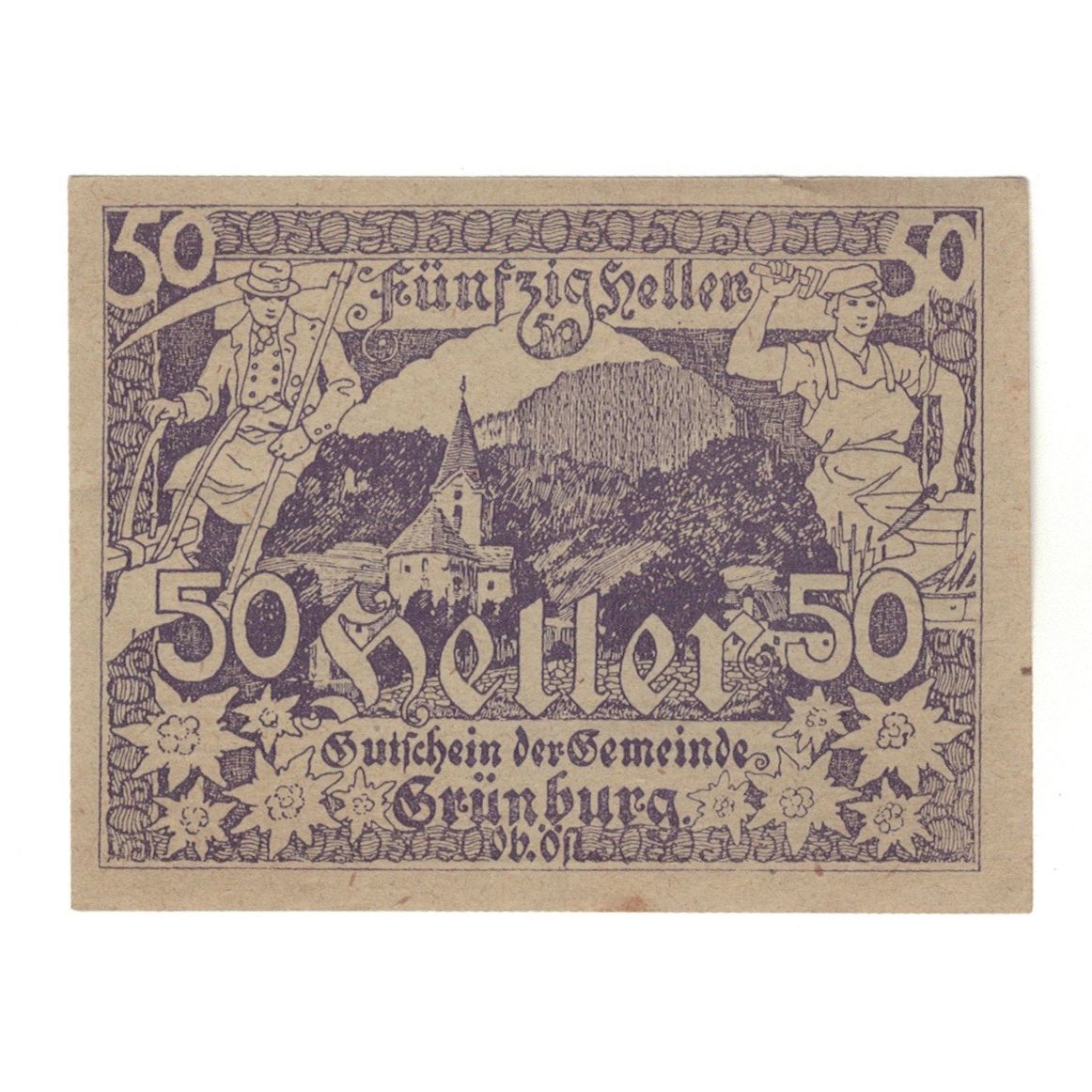 Geldschein, Österreich, Grünburg O.Ö. Gemeinde, 50 Heller, Texte, 1920