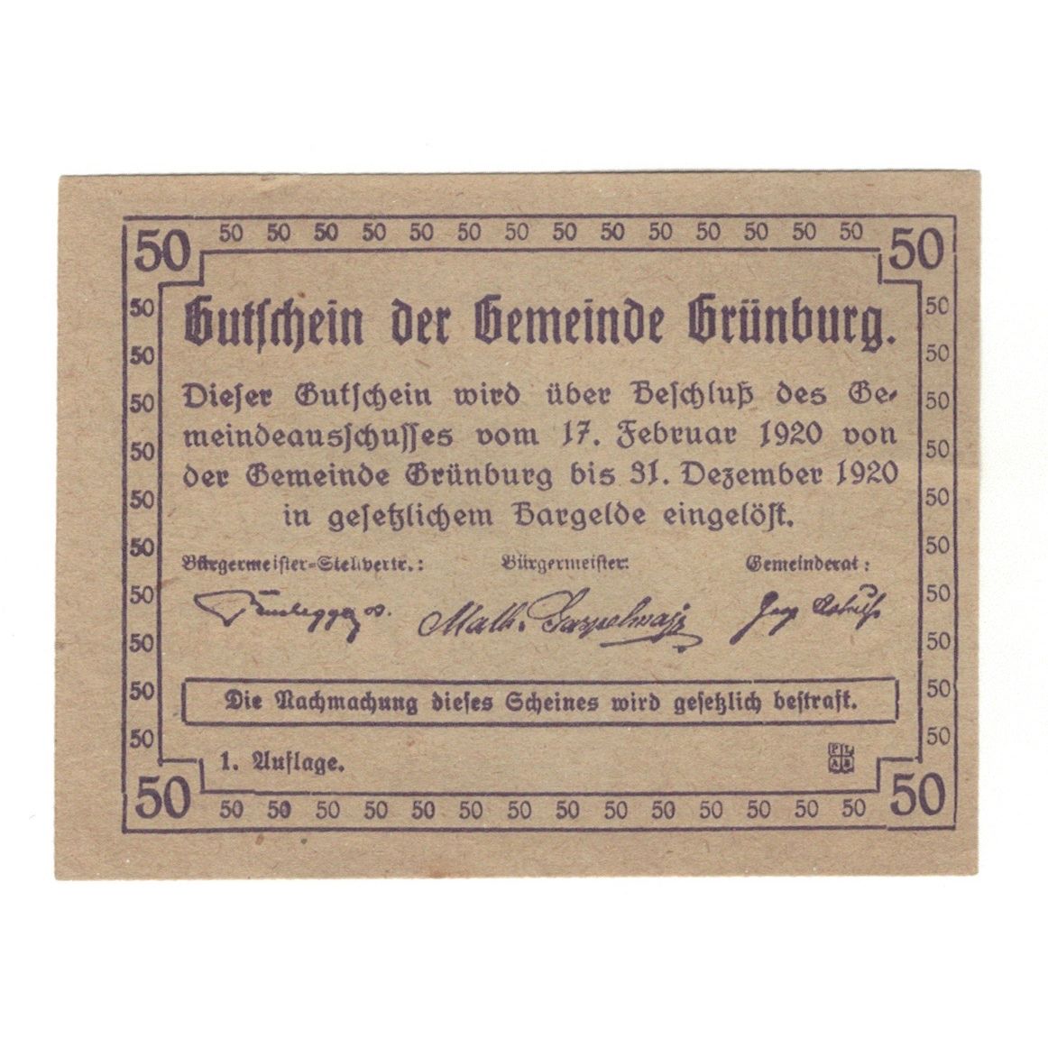 Geldschein, Österreich, Grünburg O.Ö. Gemeinde, 50 Heller, Texte, 1920