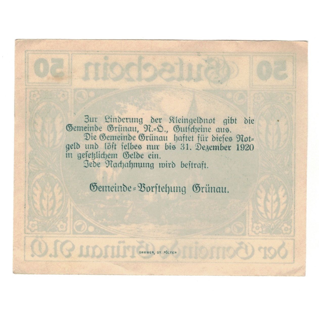 Geldschein, Österreich, Grünau N.Ö. Gemeinde, 50 Heller, Texte, 1920