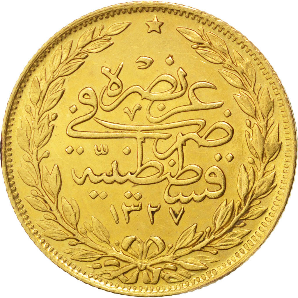 TURKEY, 100 Kurush, 1914, Qustantiniyah, KM #754, AU(55-58), Gold, 7.19