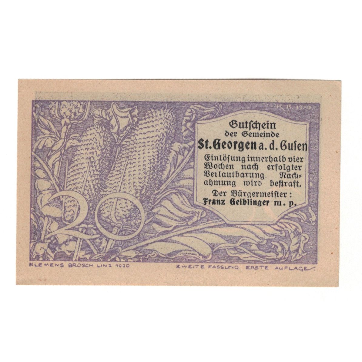 Banknote, Austria, St. Georgen an der Gusen O.Ö. Gemeinde, 20 Heller, paysage