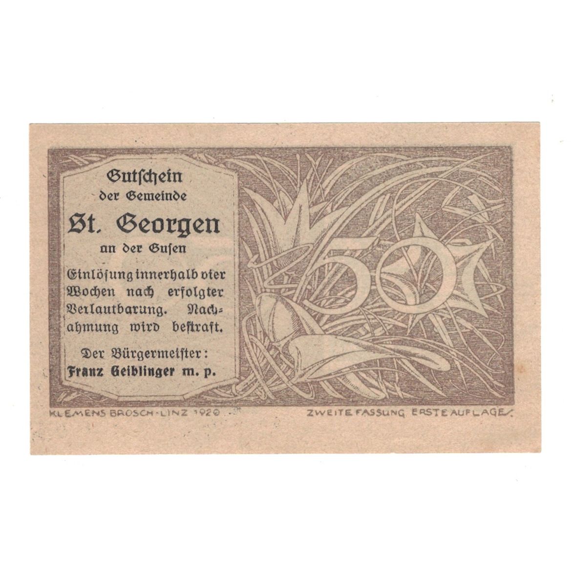Banknote, Austria, St. Georgen an der Gusen O.Ö. Gemeinde, 50 Heller, paysage