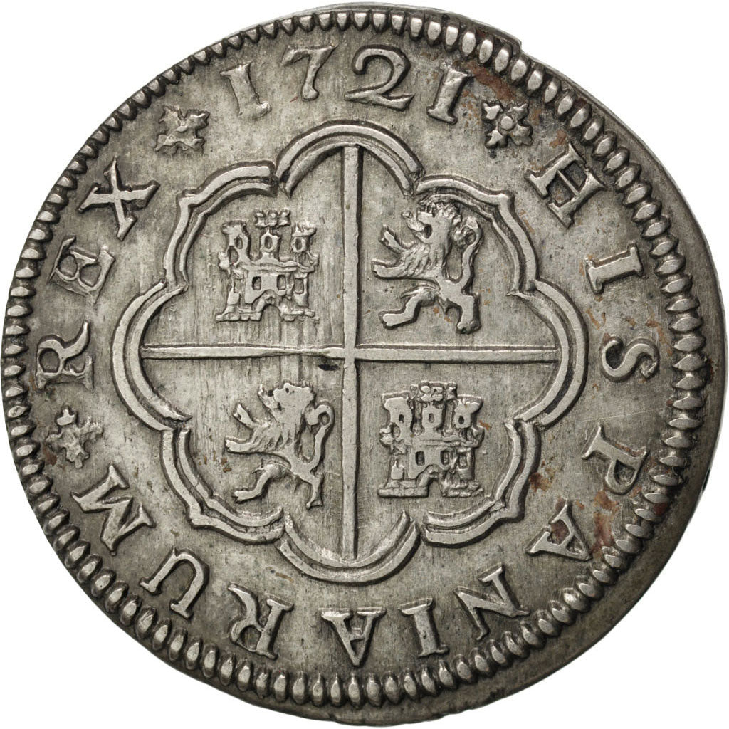 SPAIN, 2 Reales, 1721, Seville, KM #307, AU(55-58), Silver, 5.92