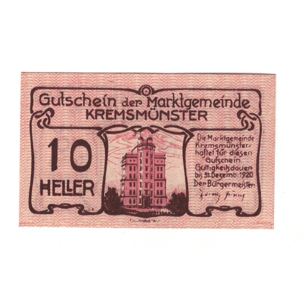 Banknote, Austria, Kremsmünster O.Ö. Marktgemeinde, 10 Heller, Monument, 1920