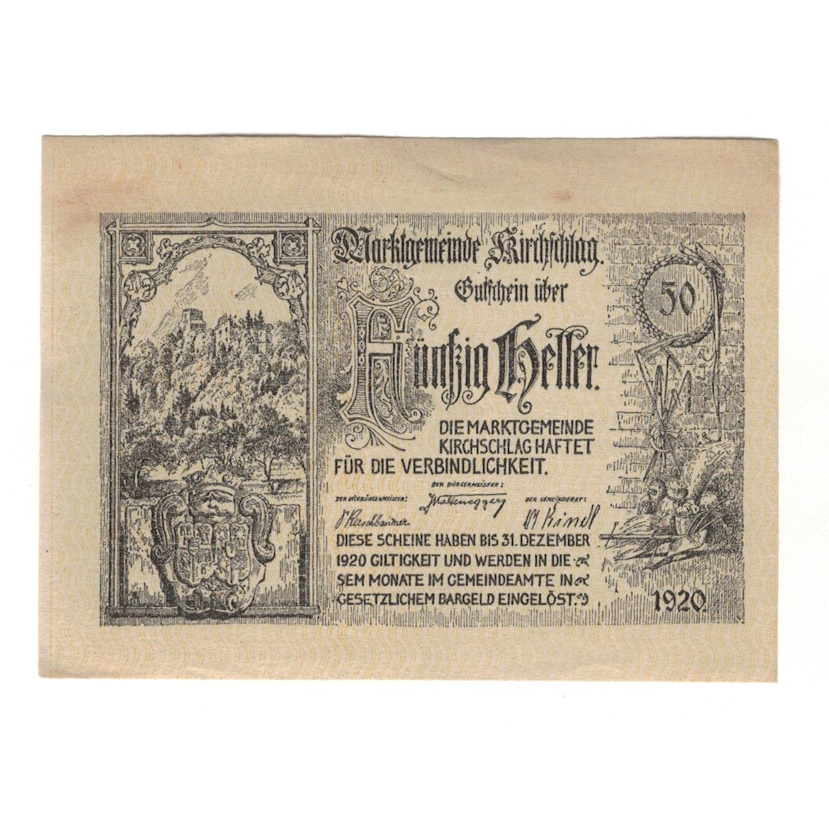 Banknote, Austria, Kirchschlag N.Ö. Marktgemeinde, 50 Heller, N.D, 1920