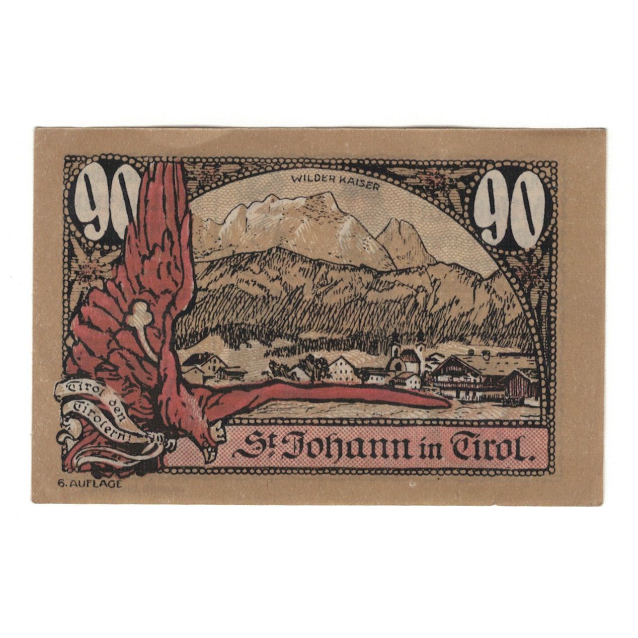 Billet, Autriche, St. Johann in Tirol, Tirol Gemeinde, 90 Heller, personnage