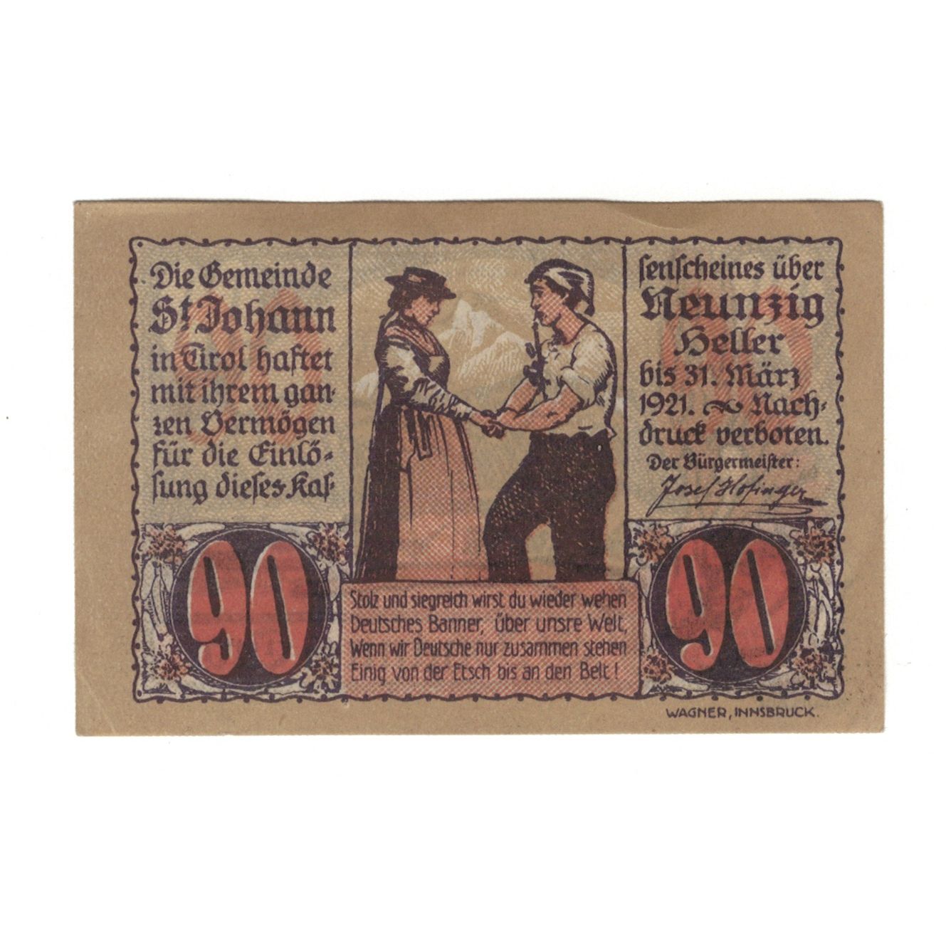 Billet, Autriche, St. Johann in Tirol, Tirol Gemeinde, 90 Heller, personnage