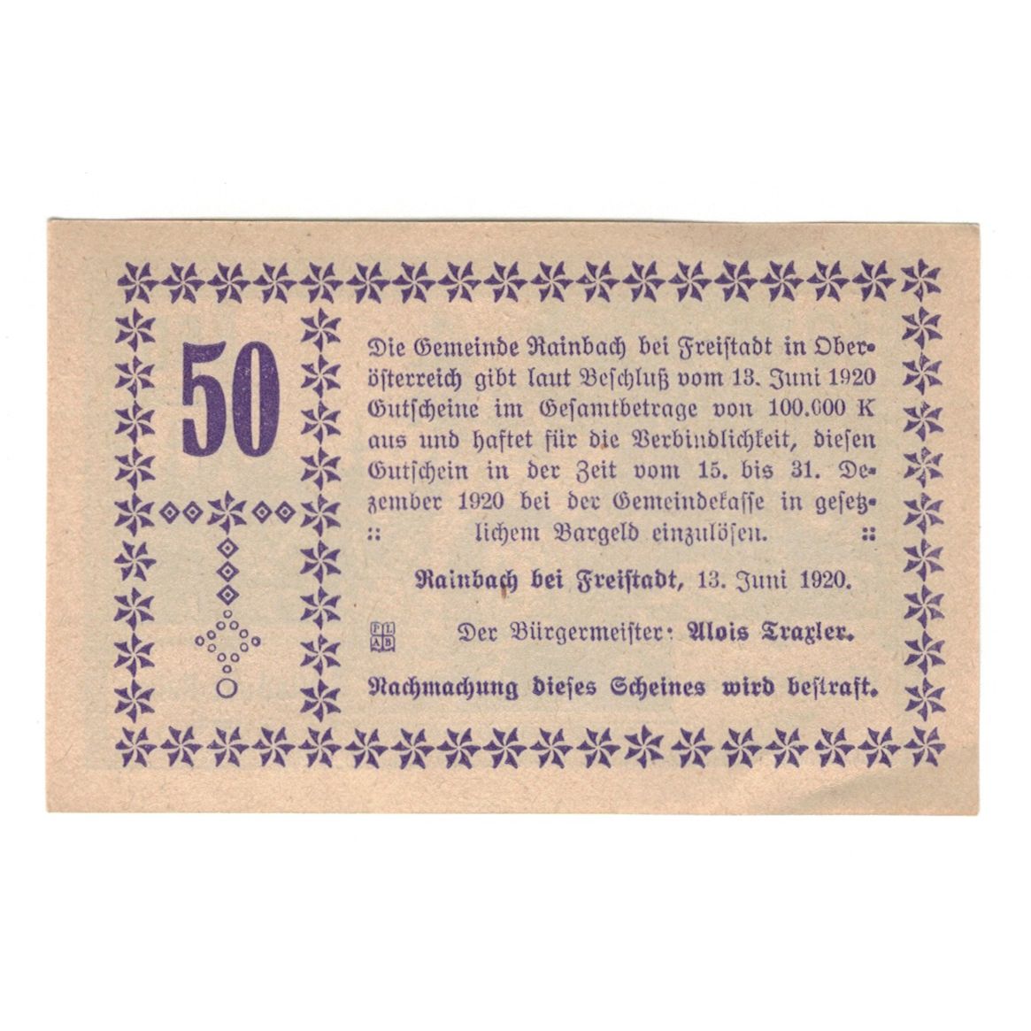 Banknote, Austria, Rainbach O.Ö. Gemeinde, 50 Heller, Texte, 1920, 1920-12-31