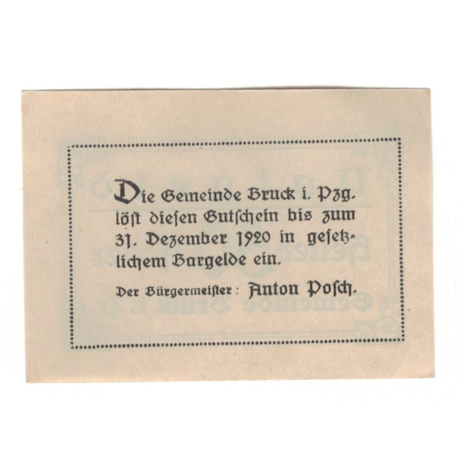 Geldschein, Österreich, Bruck Im Pinzgau Sbg. Gemeinde, 50 Heller, Texte, 1920