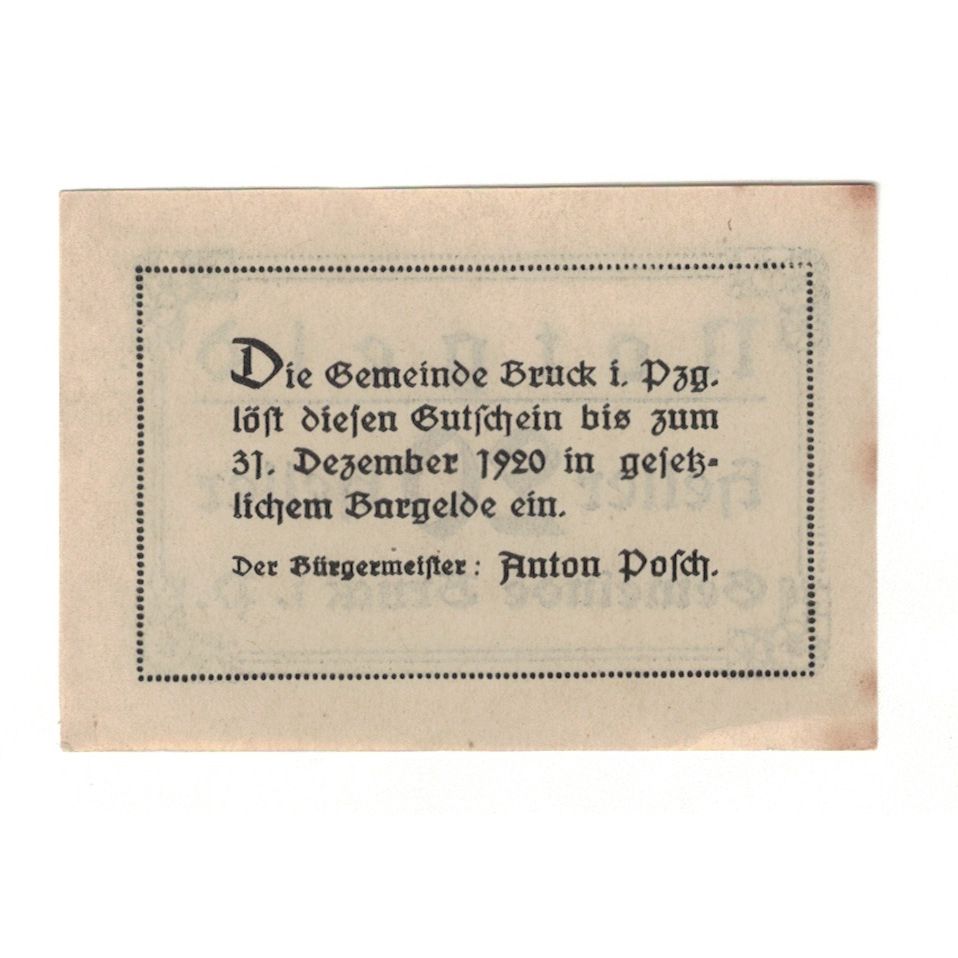Geldschein, Österreich, Bruck Im Pinzgau Sbg. Gemeinde, 20 Heller, Texte, 1920