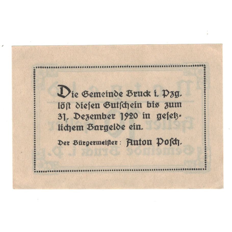 Geldschein, Österreich, Bruck Im Pinzgau Sbg. Gemeinde, 10 Heller, Texte, 1920