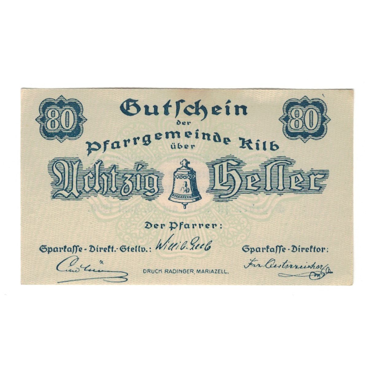 Geldschein, Österreich, Kilb N.Ö. Prv. Pfarrgemeinde, 80 Heller, Texte, 1920