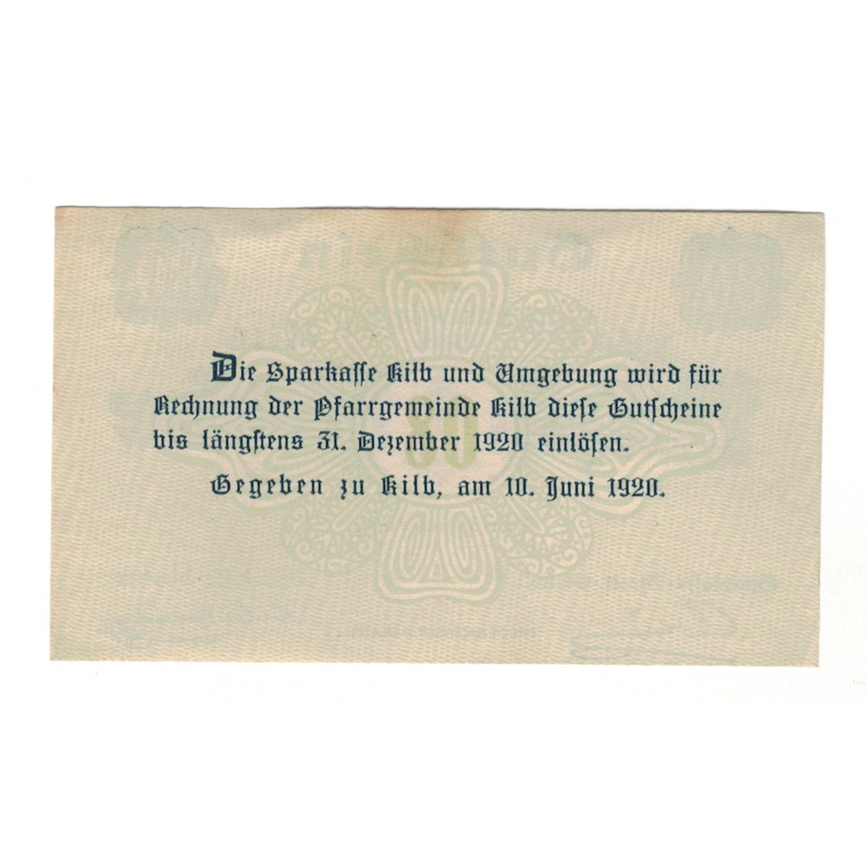 Geldschein, Österreich, Kilb N.Ö. Prv. Pfarrgemeinde, 80 Heller, Texte, 1920