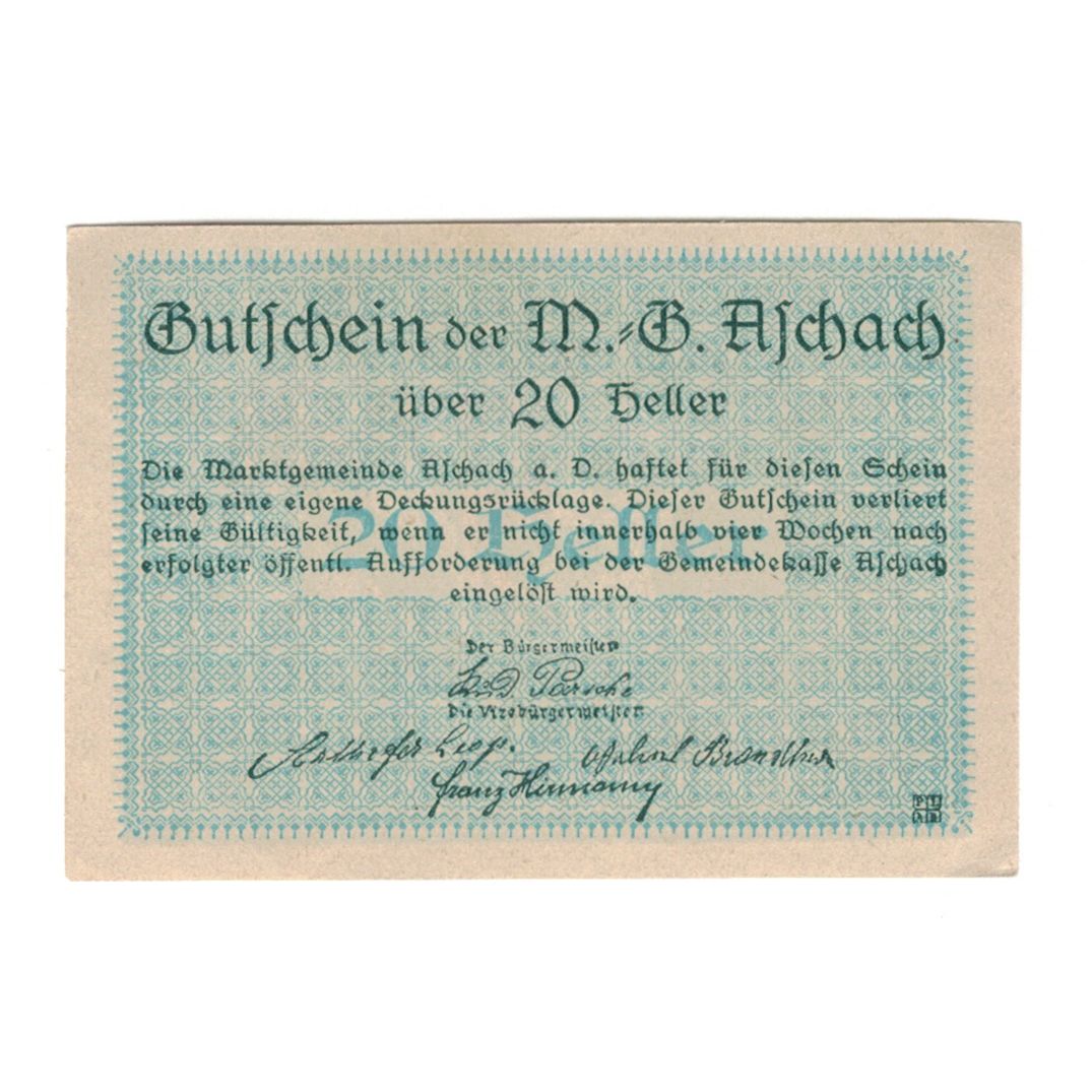 Geldschein, Österreich, Aschach a. Donau O.Ö. Marktgemeinde, 20 Heller, Texte