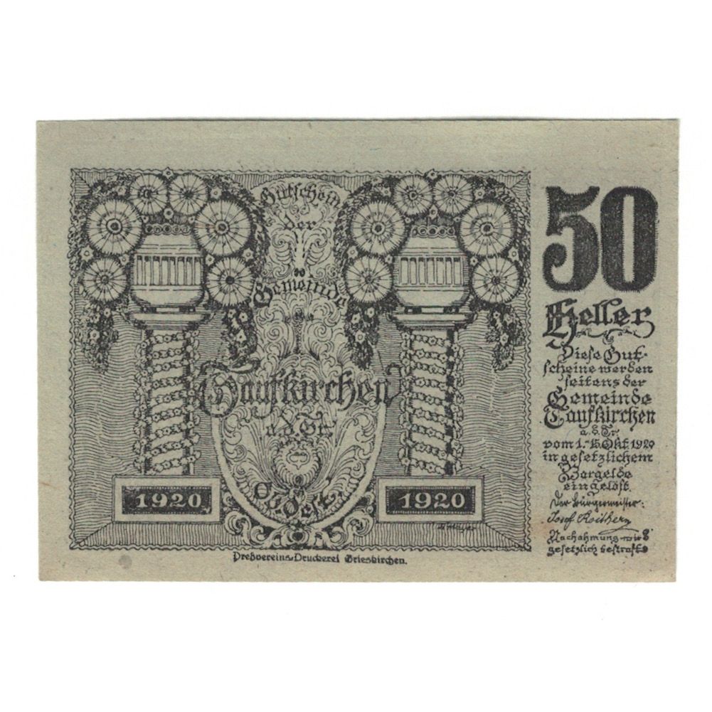 Banknote, Austria, Taufkirchen an der Trattnach O.Ö. Gemeinde, 50 Heller
