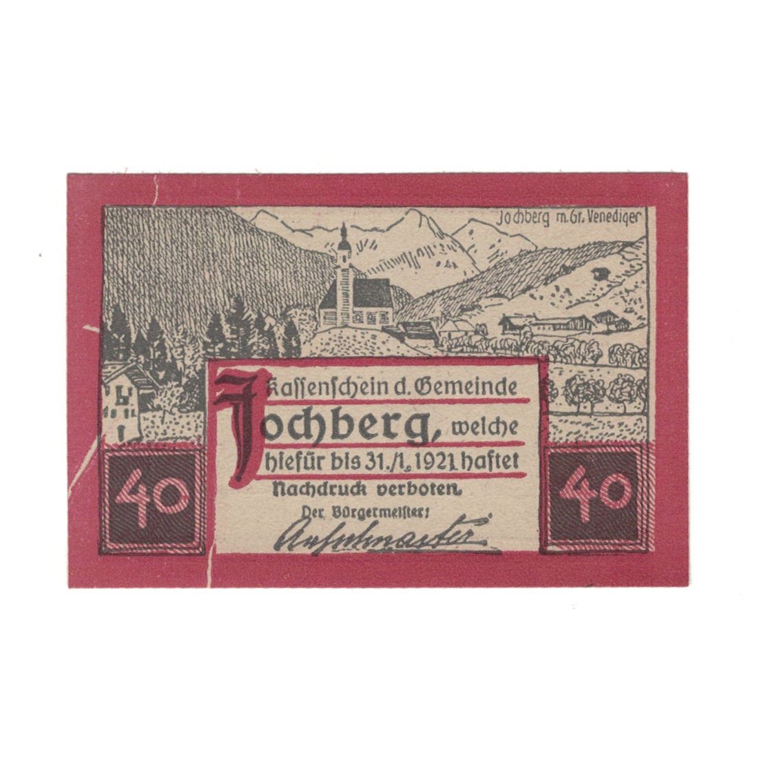 Banknote, Austria, Jochberg Tirol Gemeinde, 40 Heller, paysage, 1921