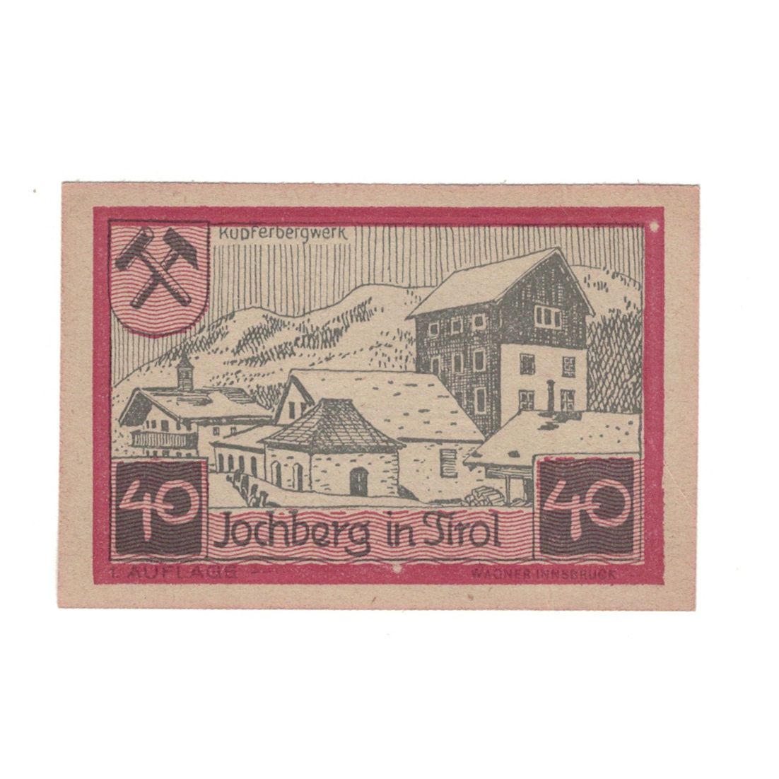 Banknote, Austria, Jochberg Tirol Gemeinde, 40 Heller, paysage, 1921