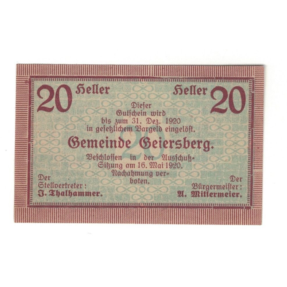 Geldschein, Österreich, Geiersberg O.Ö. Gemeinde, 20 Heller, valeur faciale
