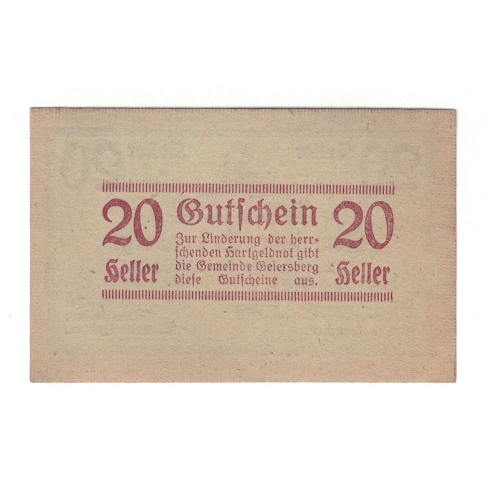 Geldschein, Österreich, Geiersberg O.Ö. Gemeinde, 20 Heller, valeur faciale