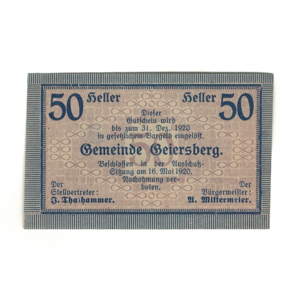 Banknote, Austria, Geiersberg O.Ö. Gemeinde, 50 Heller, valeur faciale, 1920