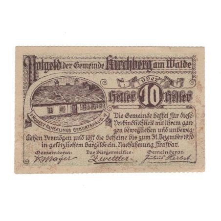 Banknote, Austria, Kirchberg Am Walde N.Ö. Gemeinde, 10 Heller, Texte, 1920