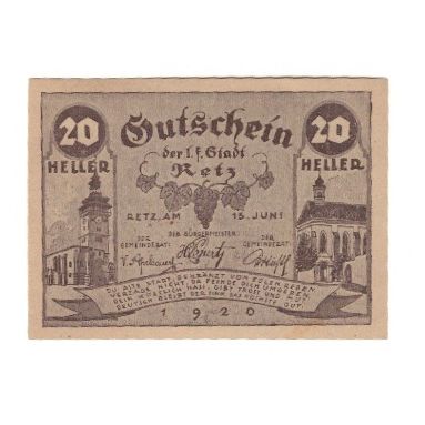 Banknote, Austria, Retz N.Ö. Stadtgemeinde, 20 Heller, Texte, 1920, 1920-09-30