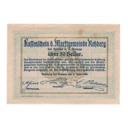 Banknote, Austria, Rehberg N.Ö. Marktgemeinde, 50 Heller, Texte, 1920