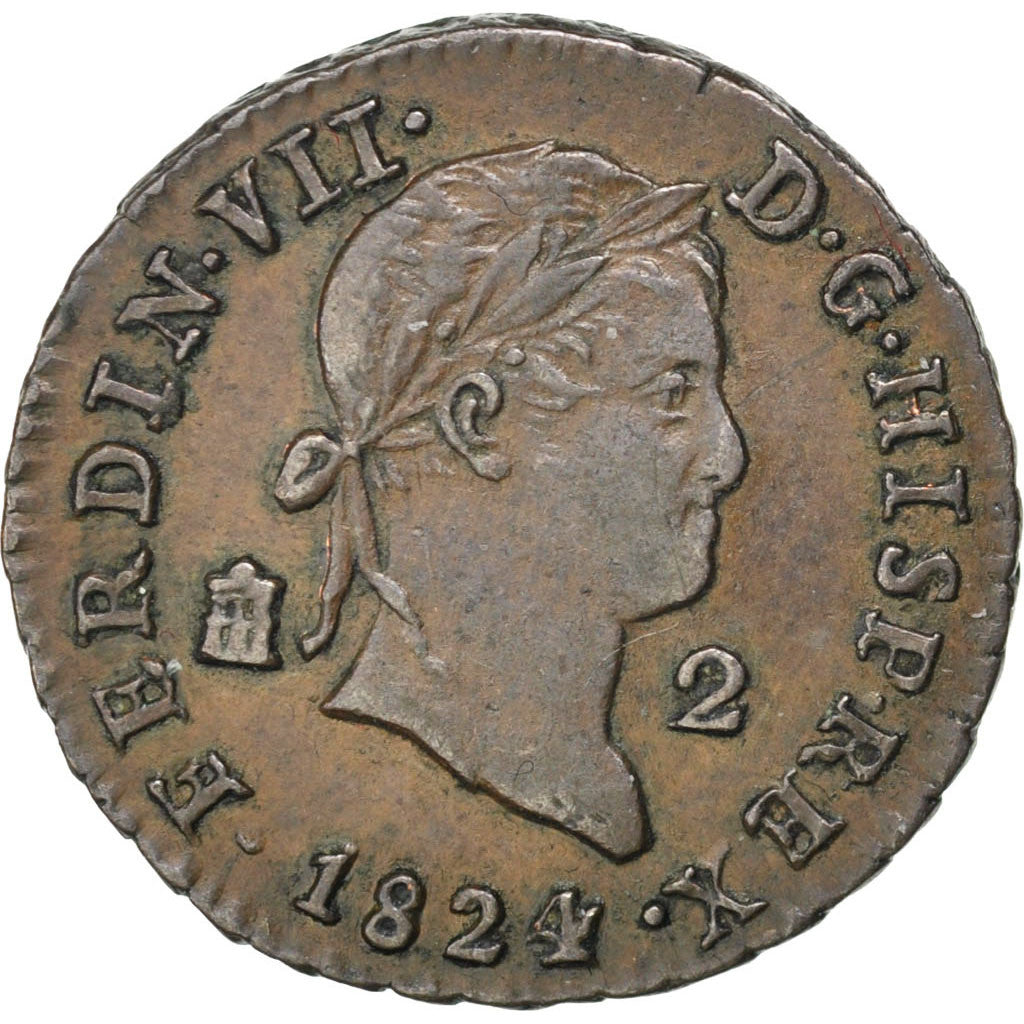 Moneda, España, Ferdinand VII, 2 Maravedis, 1824, Segovia, EBC, Cobre, KM:487.1