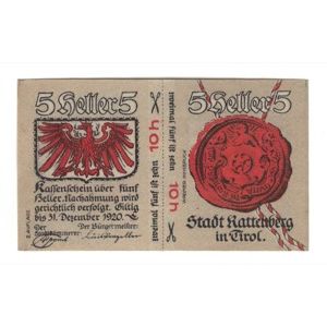 Banknote, Austria, Rattenberg Tirol Stadt, 5 Heller, château, 1920, 1920-12-31