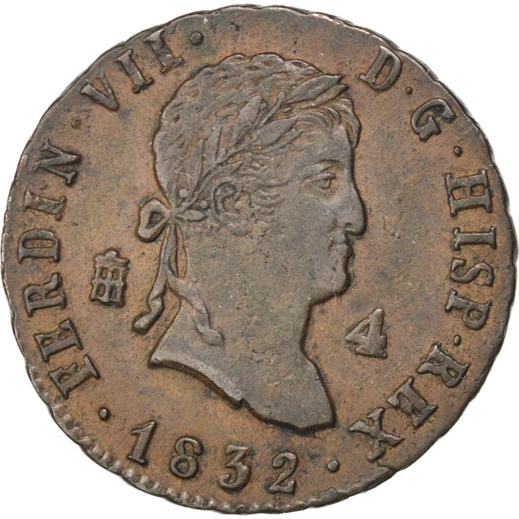 SPAIN, 4 Maravedis, 1832, Segovia, KM #489.2, AU(55-58), Copper, 5.30