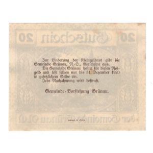 Geldschein, Österreich, Grünau N.Ö. Gemeinde, 20 Heller, Texte, 1920