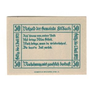 Geldschein, Österreich, Edlbach O.Ö. Gemeinde, 50 Heller, Texte, 1921