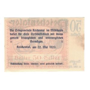 Billet, Autriche, Reichental im Mühlkreis O.Ö. Ortsgemeinde, 50 Heller, Texte