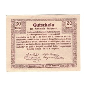 Geldschein, Österreich, Jeutendorf N.Ö. Gemeinde, 20 Heller, Texte, 1920
