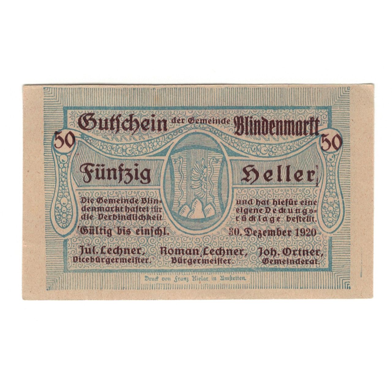 Billet, Autriche, Blindenmarkt N.Ö. Gemeinde, 50 Heller, Texte, 1920